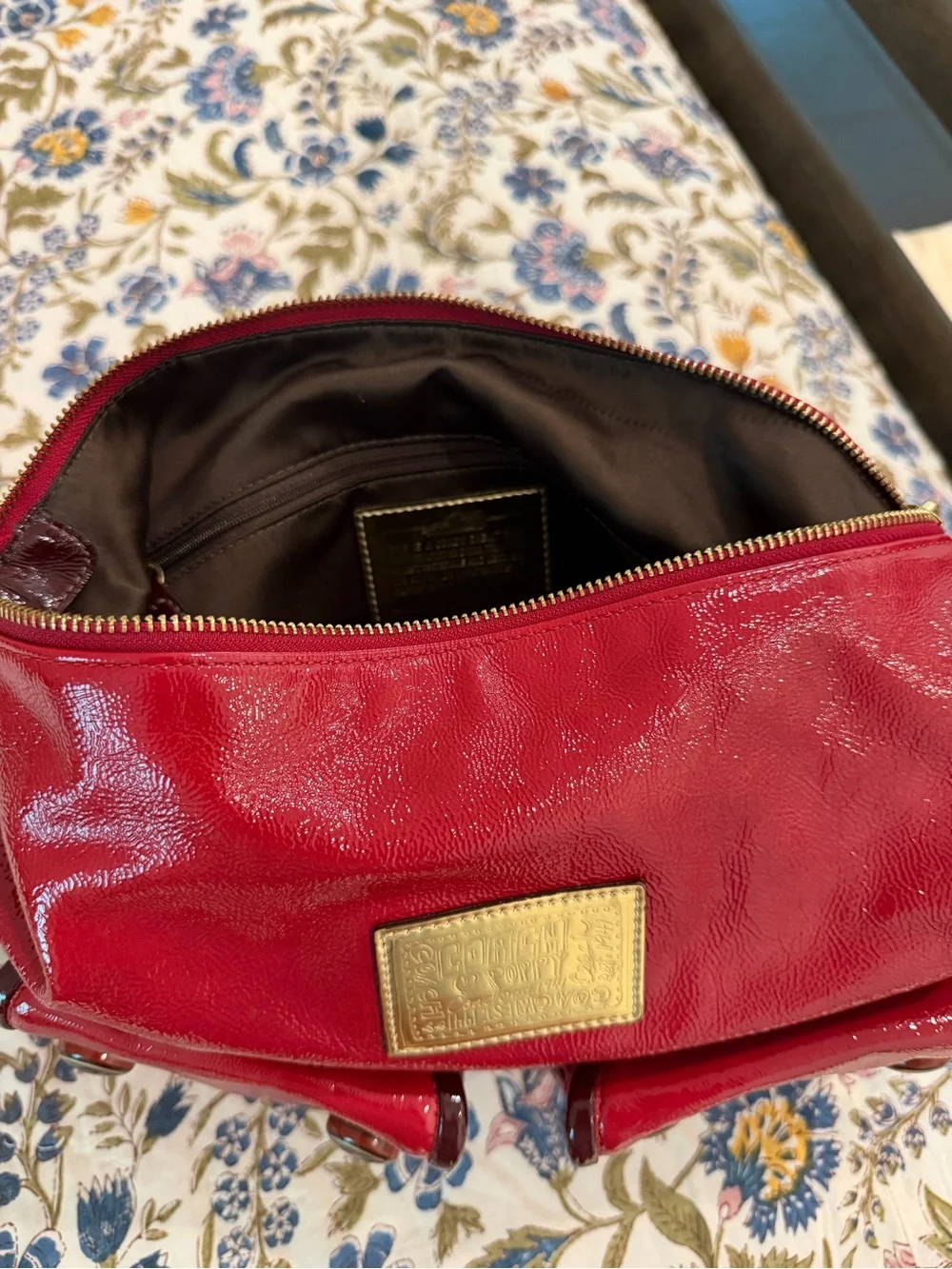 Coach Red Patent Leather Shoulder Bag with Dual Front Pockets